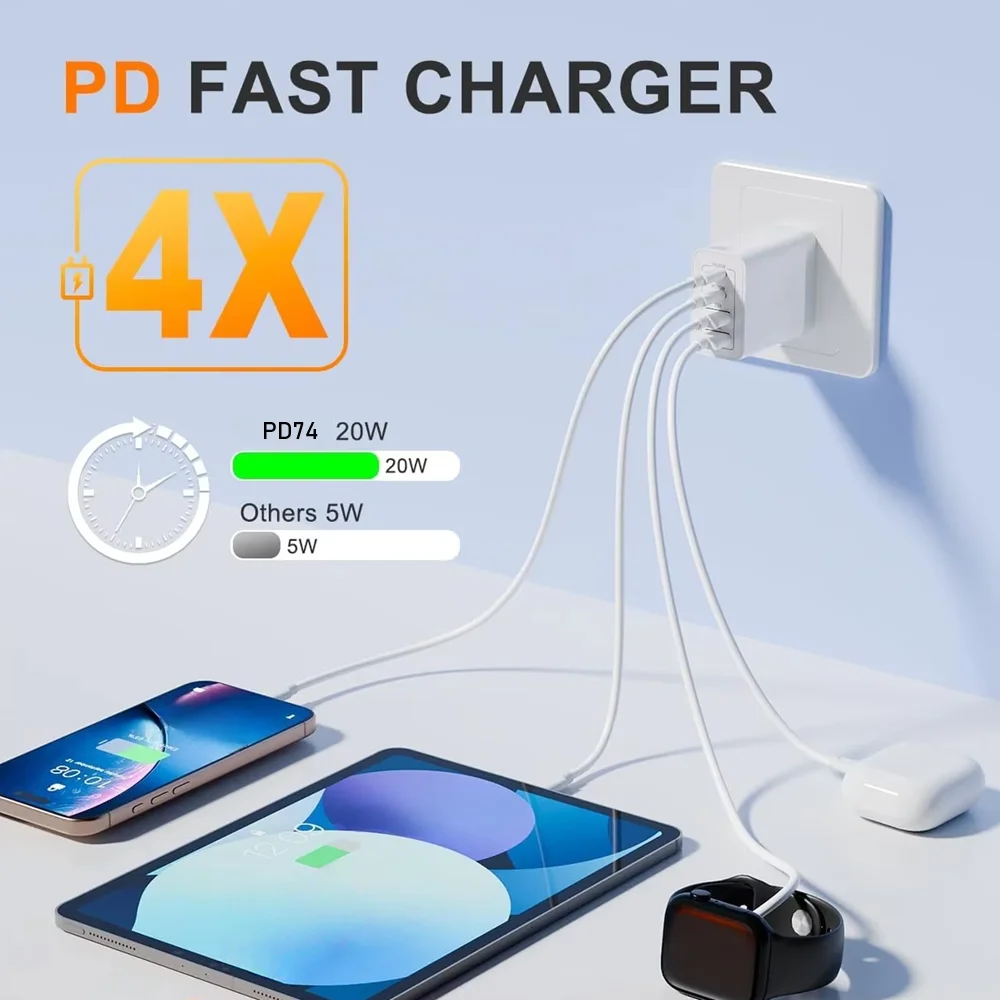 20W 4-Port  USB C Type-C PD Quick Charger With/Without 5A Fast Charging Cable for Samsung iPhone Huawei Xiaomi - US/EU Charger