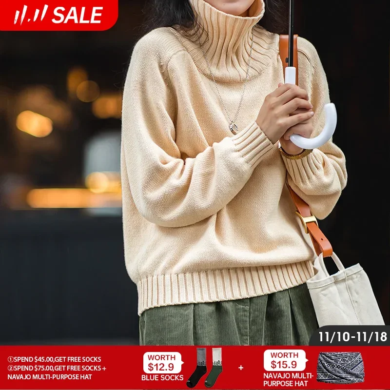 

Maden Turtleneck Thickened Sweater for Women Fall and Winter Warm Beige Knitted Top Woven Wheat Texture Loose Basic Sweater