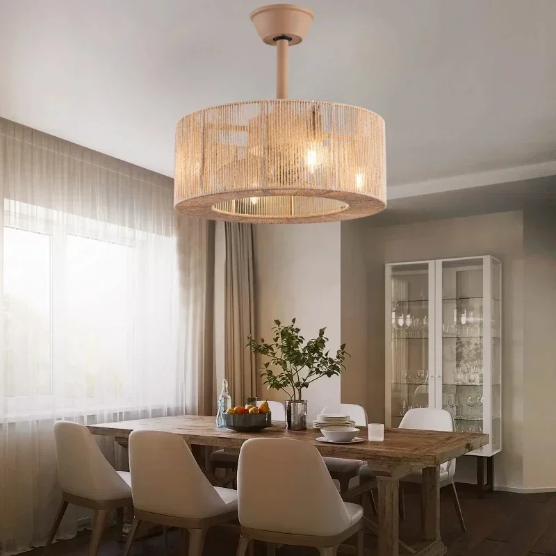 Vintage Deckenventilator Rattan Rotation Gleichstrommotor Ultrastille Fernbedienung Beleuchtungssystem für Schlafzimmer Wohnzimmer Esszimmer