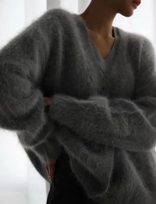 

Autumn and Winter 2025 Fashion Wool Button Long Sleeved Sweater Jacket for Women, V-Neck Solid Color Casual Loose Knit Jacket