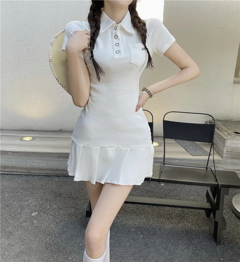 

Pure desire polo dress women's new style small waist cinched slim fit sweet and spicy pleated hip hugging short skirt