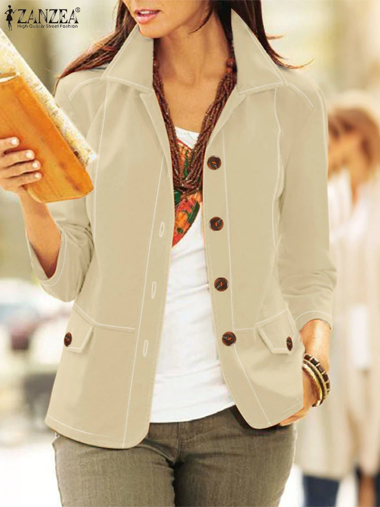2025 ZANZEA Vinatge Donna Giacche Cappotti Elegante Autunno Manica lunga Bottoni Giacche Risvolto Collo OL Capispalla da lavoro Cappotto sottile solido