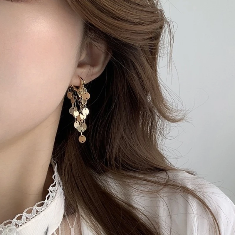 ANENJERY Sparkling Long Tassel Hoop Earrings for Women French Simple Circle Ear Buckles Handmade New Trend Jewelry Gifts