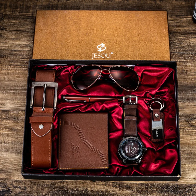 Men Watch Set in Box with Leather Belt Wallet Glasses Keychain Pen Quartz-watch Men Gift Set Casual Business Birthday Gift Boxes