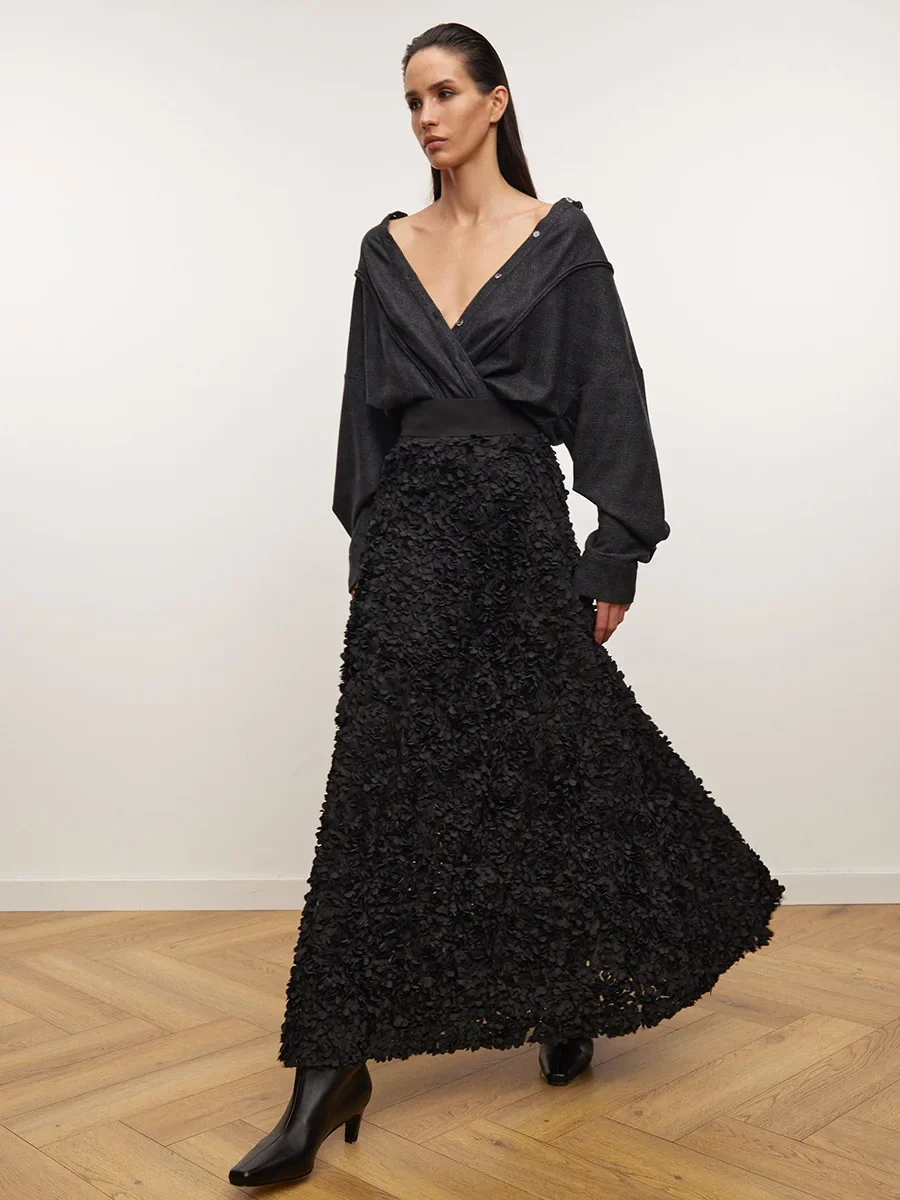 Jupe de soirée de luxe légère pour femme, coupe couvertes, pétales brodés, fente latérale, design décontracté, chaud, original, automne, hiver