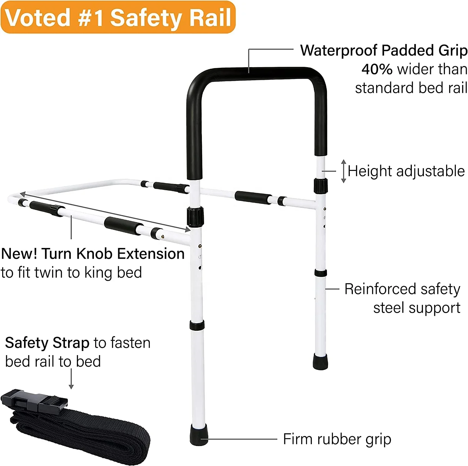 Adjustable Bed Assist Rail Handle and Hand Guard Grab Bar Bedside Safety and Stability