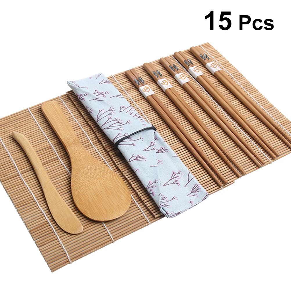 Kit para hacer Sushi, herramientas de algodón de bambú, estera de lujo, rodillo, molde para arroz, fácil de limpiar, accesorios de cocina caseros, 15 Uds.