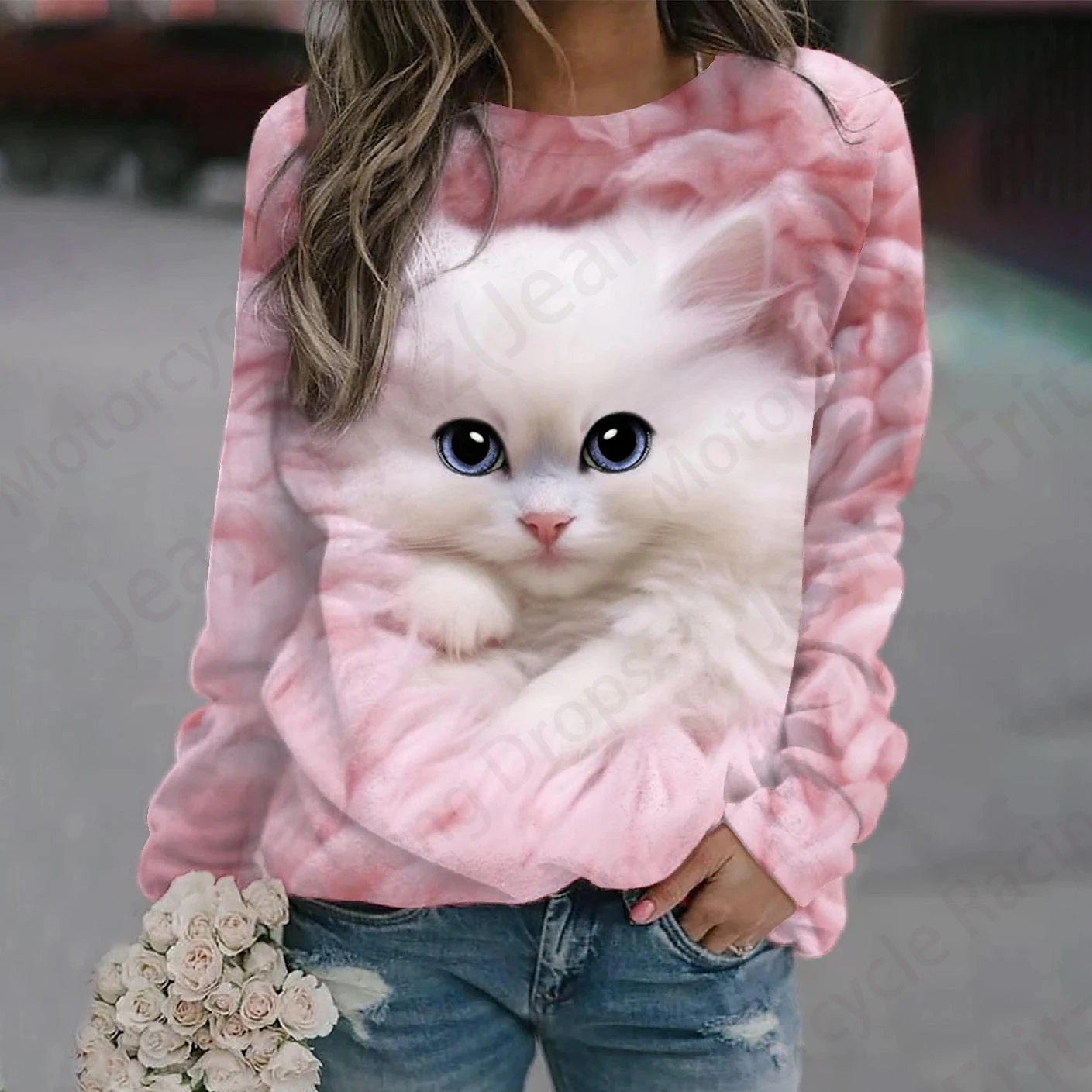 Kawaii Cat 3d Print O-Neck Hoodie Women Fashion Street Graphic Hoodies Women Sweats Coat Sports Clothes Femme Sudadera Lady Top