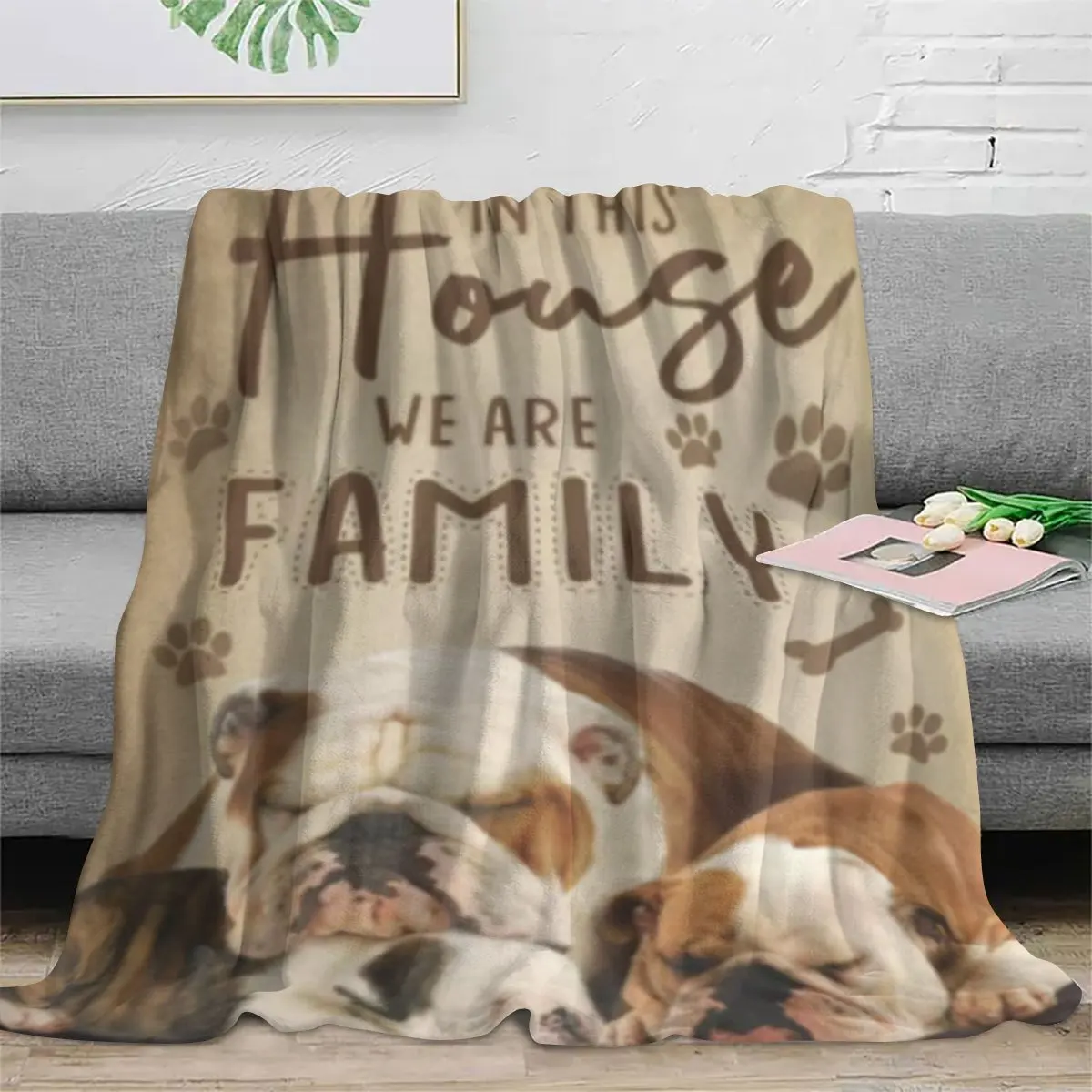 In This House We Are Family Blanket Dog Paw Print Fleece Throw Soft Warm Bedding Sofa Cover Pet Lover Home Decor Gift