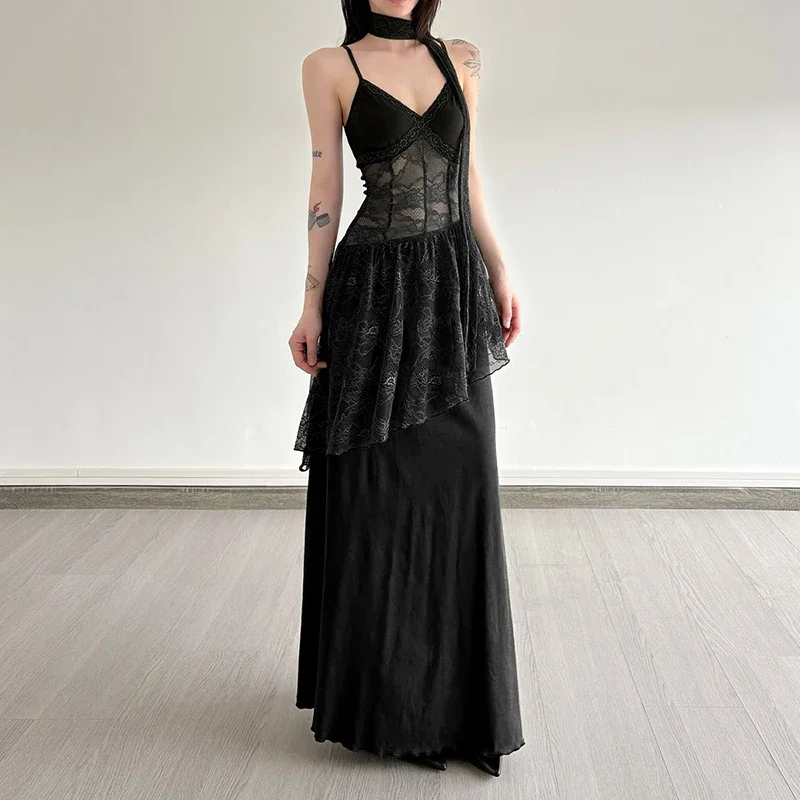 Lace Patchwork Women Camis Dress French Elegant Hepburn Style Splicing Midi Dress Y2K Streetwear Hot Girls Vacation Vestidos