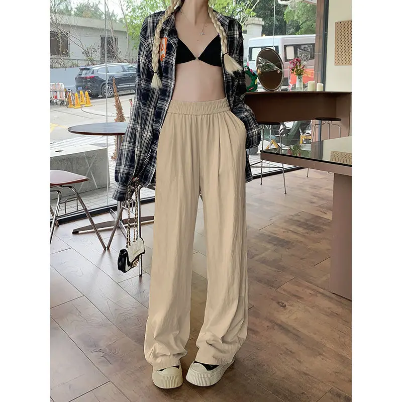 2024 Summer Women's New Splicing Solid Color Straight Leg Wide Leg Elasticized High-waisted Pocket Loose Casual Slimming Pants
