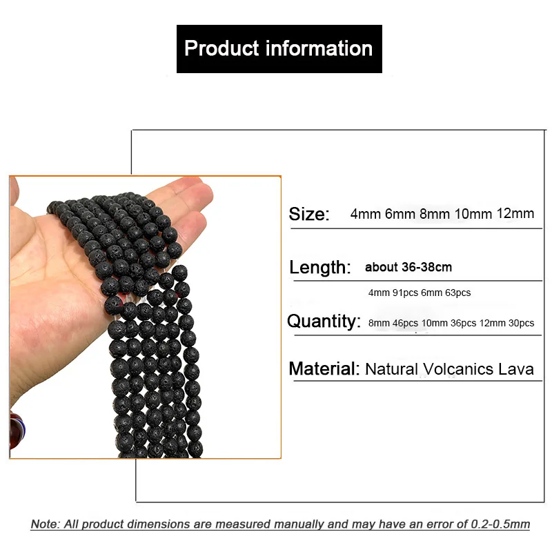 Natural Black Lava Stone Beads Loose AA Round Volcanics 4 6 8 10 12MM For Jewelry Making DIY Bracelet Handmade Accessories