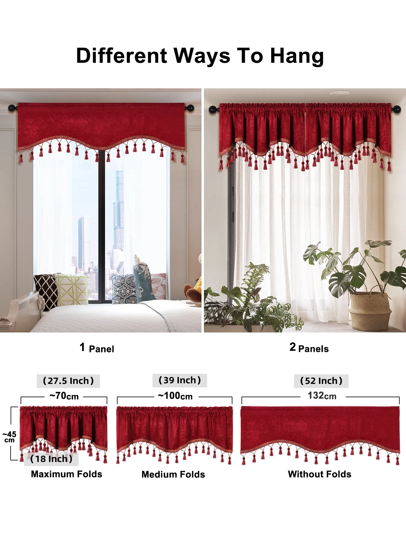 1PC Simple European Style Window Curtain Valance for Living Room，Rod Pocket，S-shaped  Valance with Tassels for Window Decor