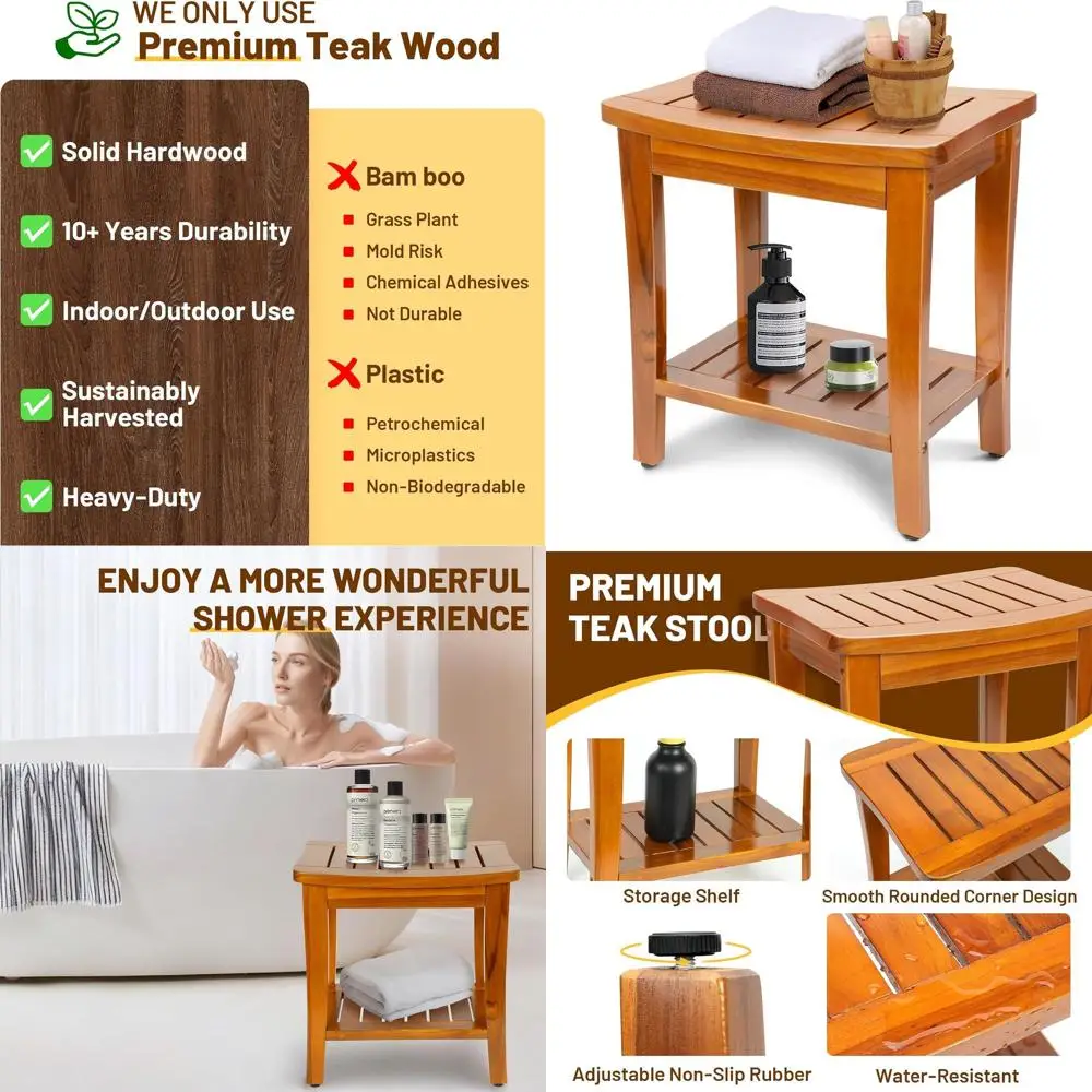 

16 Teak Shower Bench with Shelf, High-Quality Waterproof Seat for Indoor and Outdoor Use, Durable Solid Wood Bath Stool