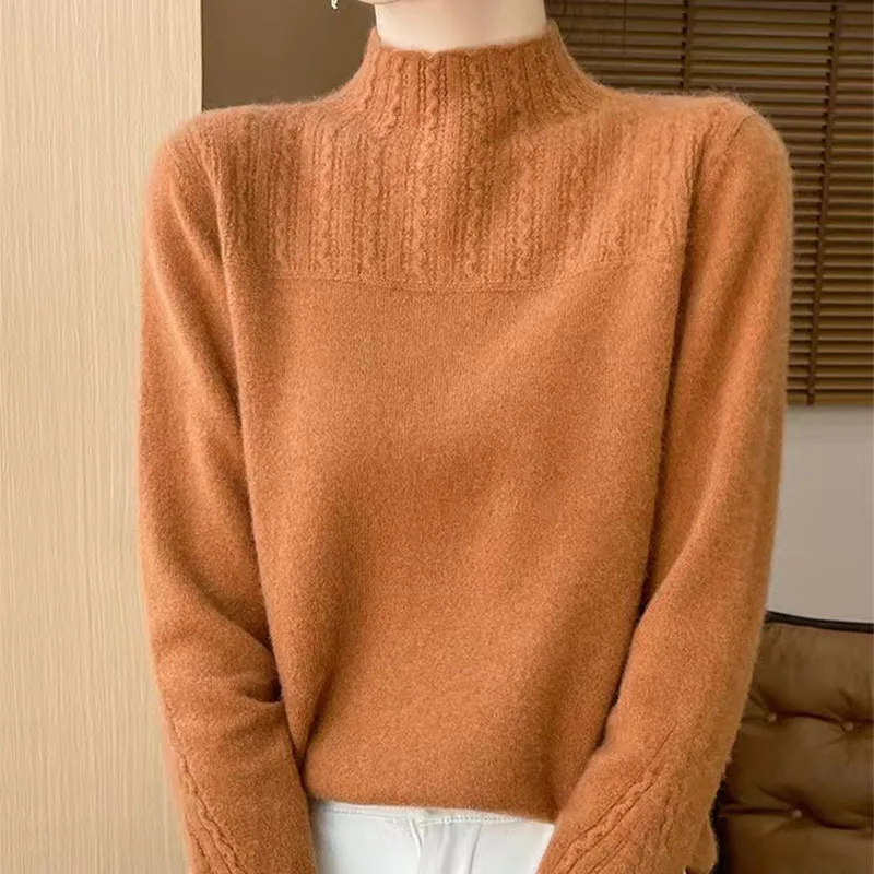 

Autumn And Winter New Wool Women's Pullover Long Sleeve Knit Bottoming Shirt Twist Loose Sweater Half-High Collar Inside