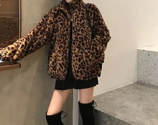 Autumn and Winter New Cotton Thick Leopard Print Coat  Loose Retro Plush Coat