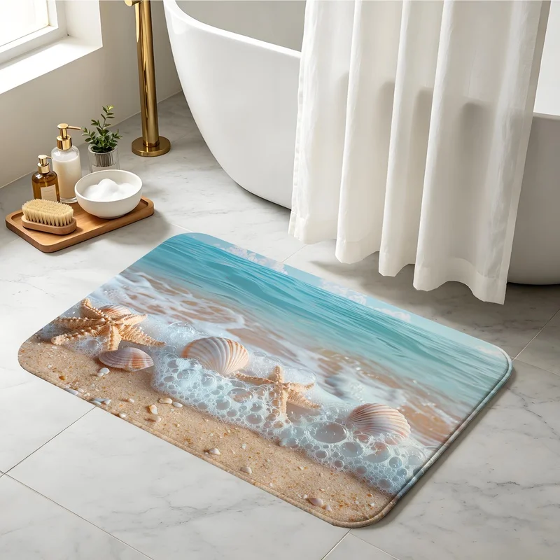 Bath Mat Door Mat Sponge for Bathroom Kitchen Bedroom Home Seashell Starfish Sand