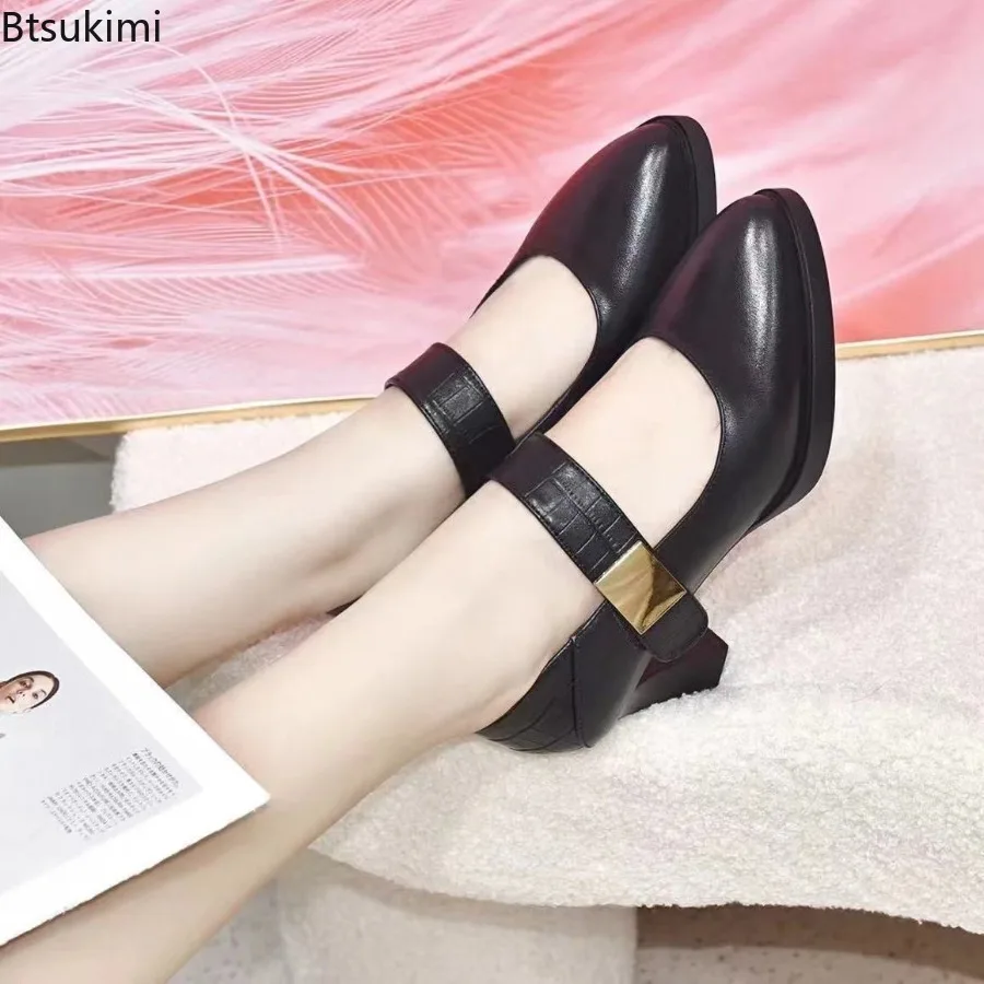 

2024 Vintage Pumps Shoes for Women Fashion Buckle Strap Pointed Toe High Heels Elegant Comfort Chunky Heel Ladies Single Shoes