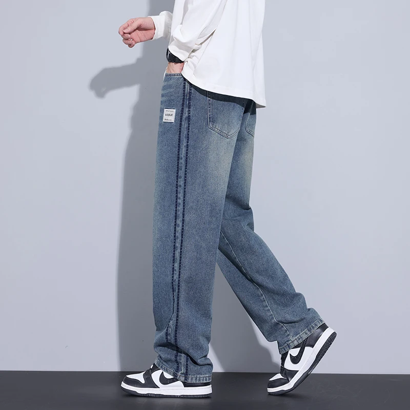 2024 New Men's Fashion Jeans Korean Style Solid Color Loose Straight Wide Leg Casual Denim Long Pants Classic Style Male