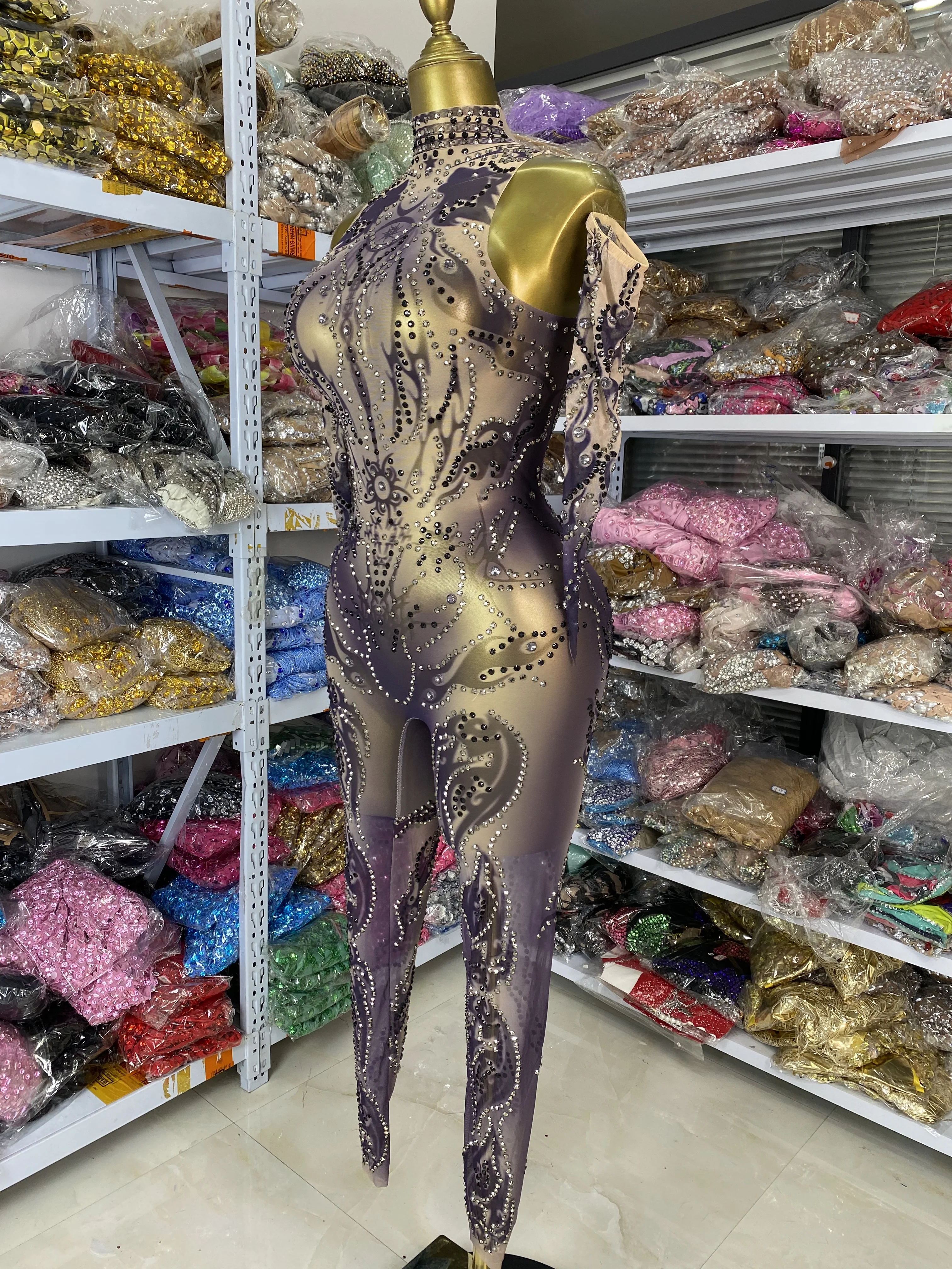 

Sparkly Rhinestones Printed Mesh Bodycon Jumpsuits With Sleeves High Stretchable See Through Nightclub Performance Costumes