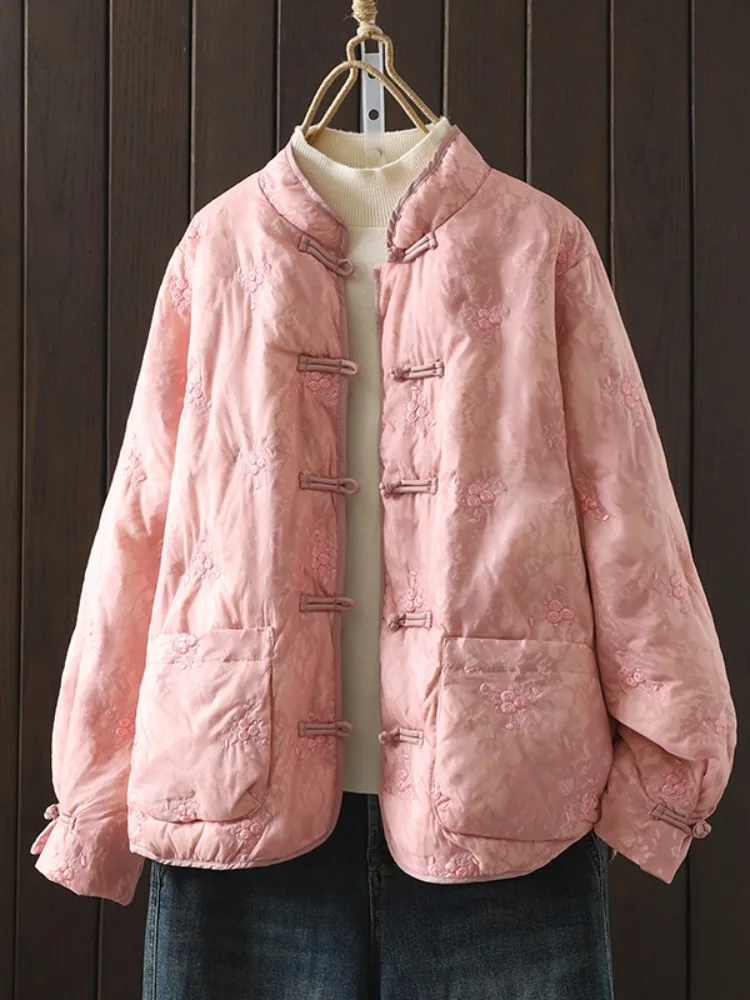 

Retro Chinese Sle Embroidered Cotton Jaet with Stand Collar And Button Detail Long Sve Winter Outerwear for Women