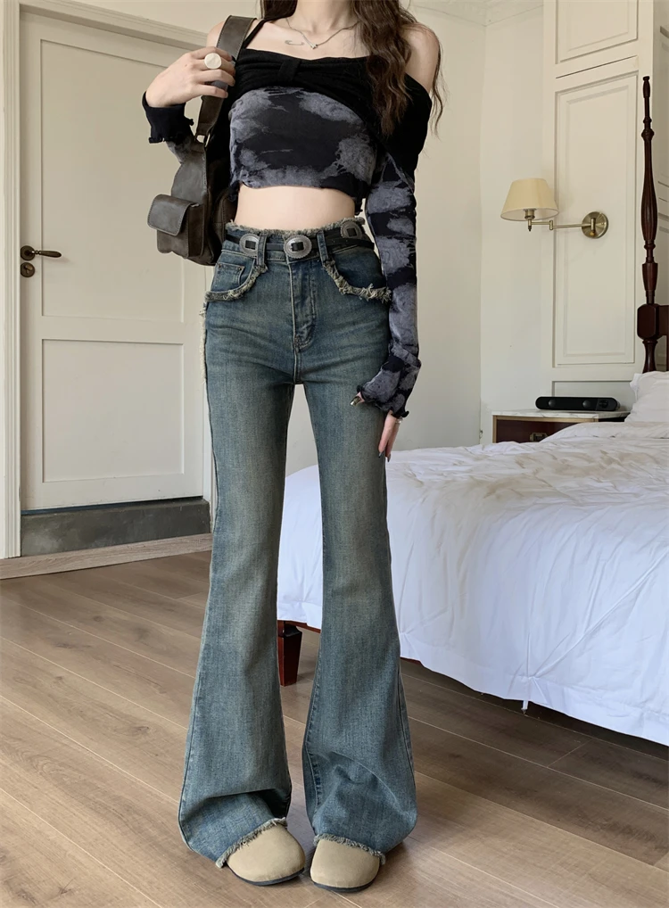 

Blue Jeans For Women's Autumn High Waisted Straight Tube Micro Flared Wide Leg Denim Pants Slimming Floor Pants