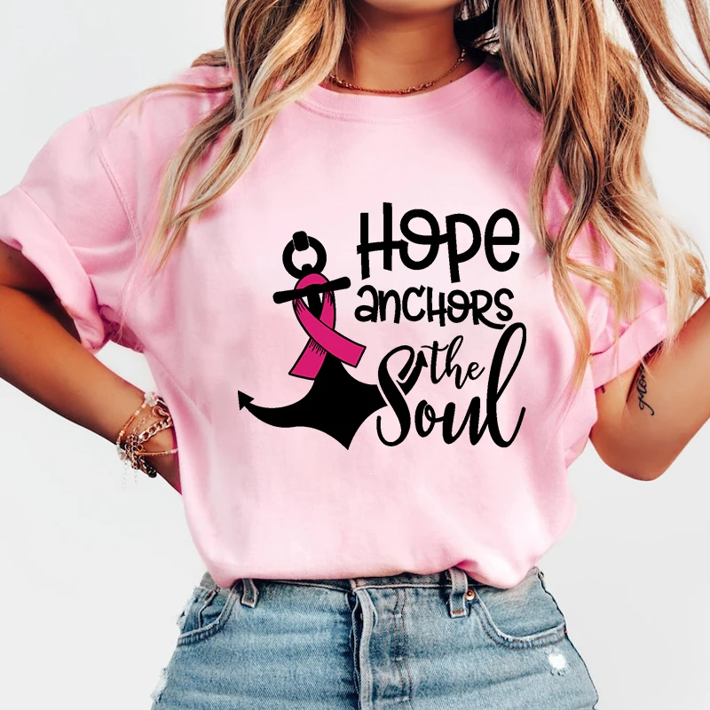 

New Breast Cancer Awareness Hope Anchors The Soul Print T-Shirts Women Summer Cool Short Sleeve Female Casual T-Shirts