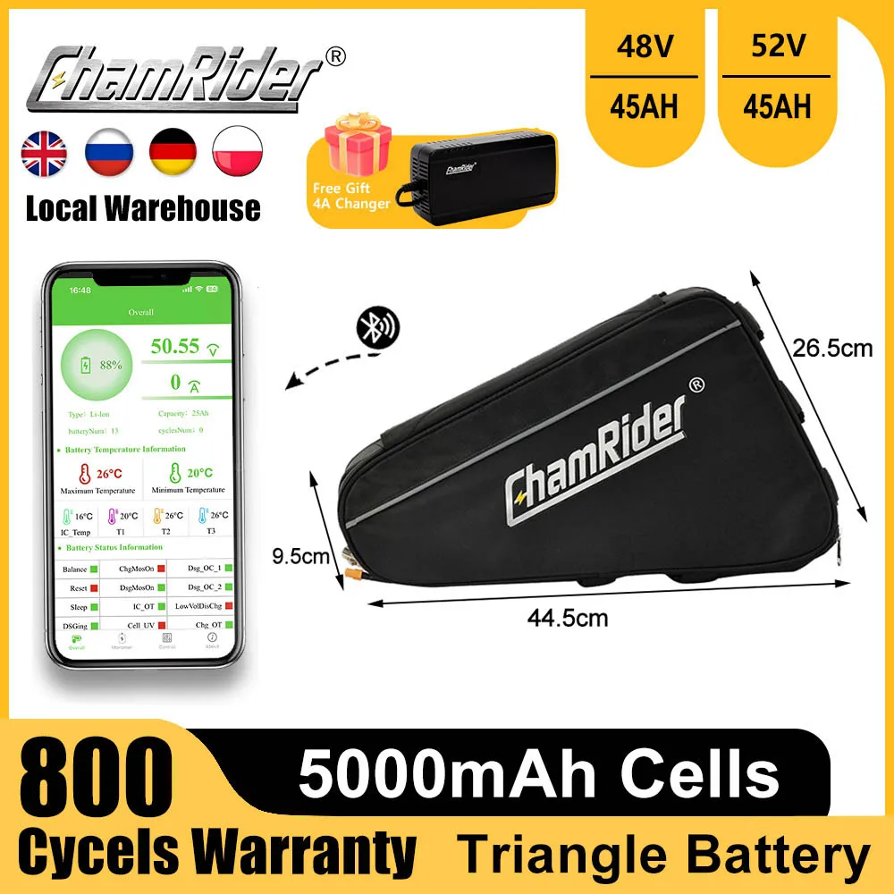 Ebike Battery Triangle Battery 48V 52V 45AH ChamRider Battery Capacity 50A 250W 350W 500W 1000W 2000W 21700 Cells