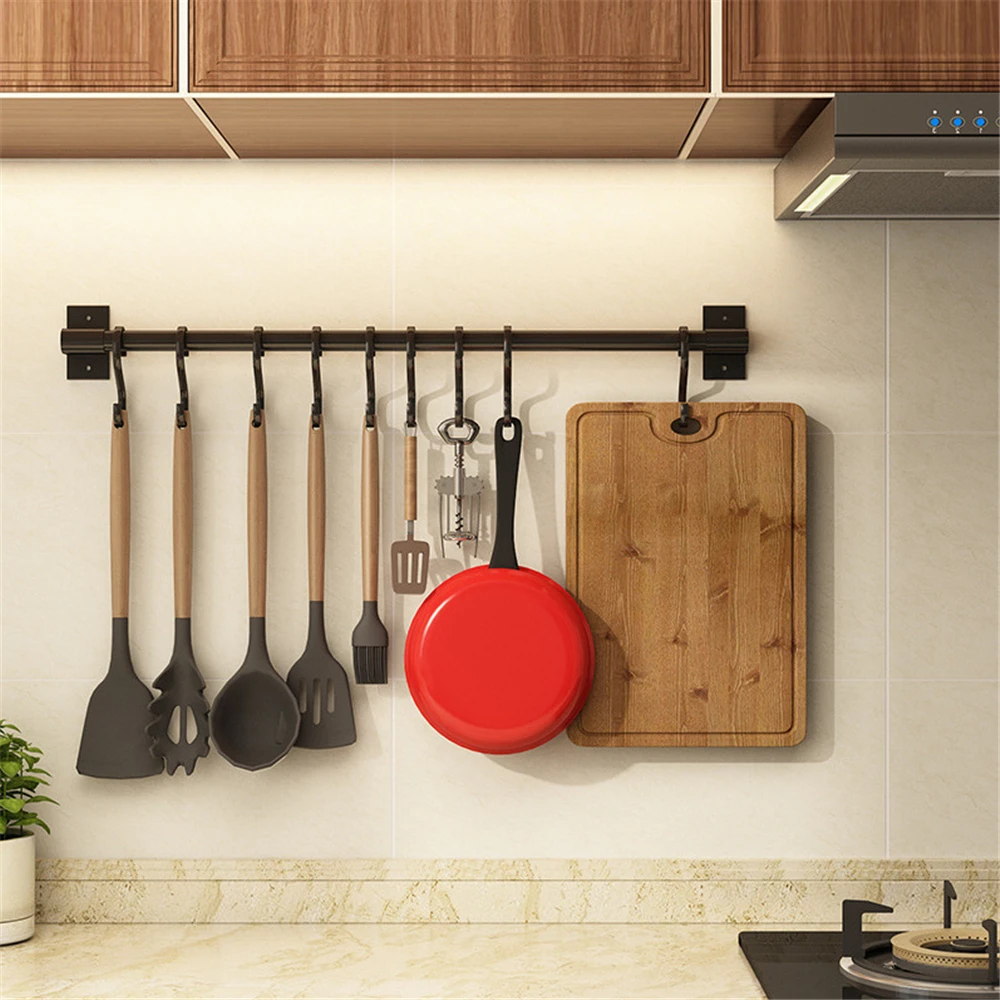 Kitchen Hook Organizer Wall Hanger Spatula Spoon Lid Holder Black Movable Hooks Utensil Storage Rack Cooking Tools Hanging Rod