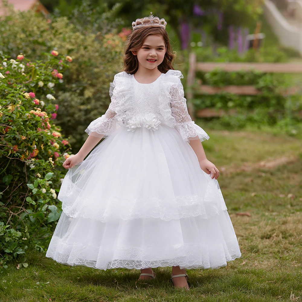 White Wedding Bridemaids Girls Party Dresses Elegant Tulle Flower Birthday Princess Kids Dress for Girl First Communion Costumes