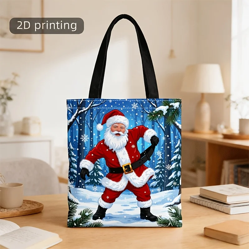 Funny Dancing Santa Claus Christmas Canvas Tote Bag Winter Snow Forest Pine Tree Print Handbag Reusable Casual Shoulder Bag Xmas