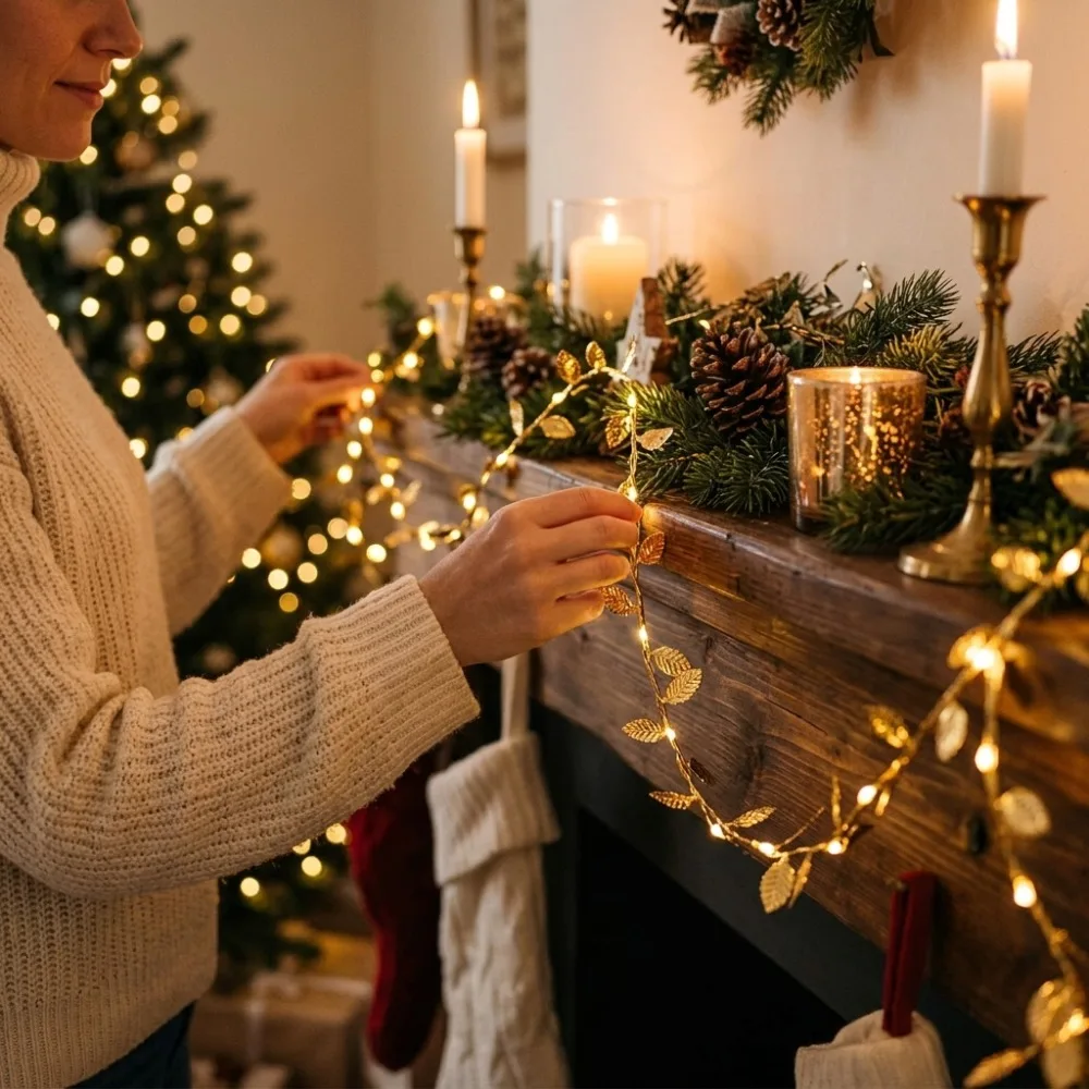 Battery Powered Golden Leaf String Lights Warm White for Wedding Birthday Party Table Festive Home Window Balcony Stair Decor