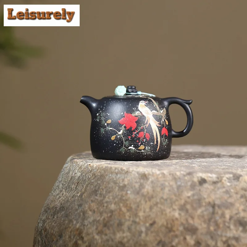 240ml Yixing Purple Clay Teapots Handmade Flowers And Birds Well Fence Pot Raw Ore Black Mud Tea Maker Kettle Strainer Zisha Tea