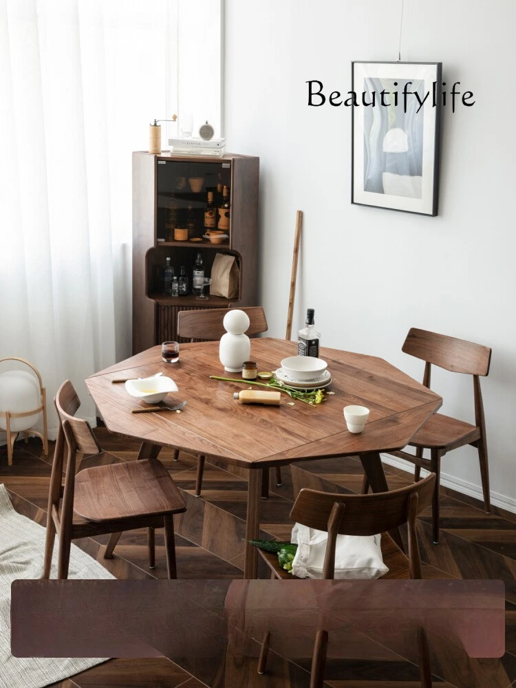 

Nordic all solid wood walnut dining table folding octagonal square and round dual-purpose designer high-end home