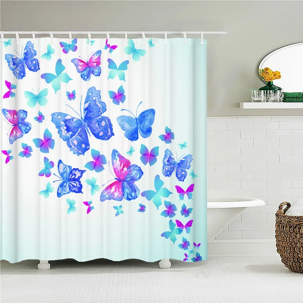 Beautiful Butterfly 3d Shower Curtains With Hooks Waterproof Fabric  Flowers Printed Bathroom Curtain 180X180 Bathtub Screen