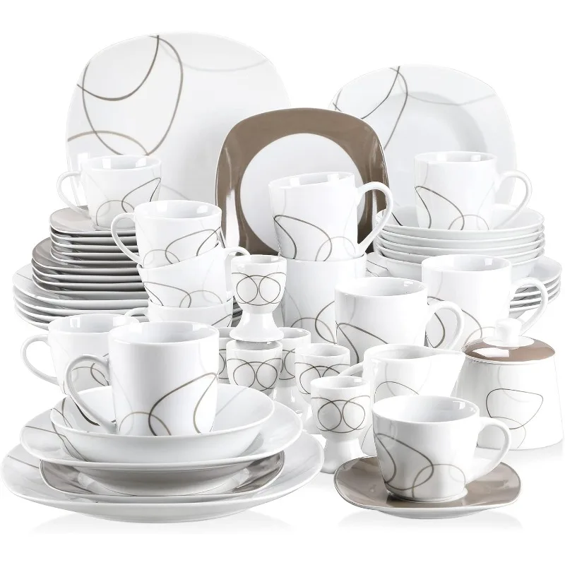 Series Fiona, Dinnerware Sets for 6, 50-Piece Porcelain Dish Set, Including Dinner Plates and Bowls, Mugs, Egg Cups, Cup and