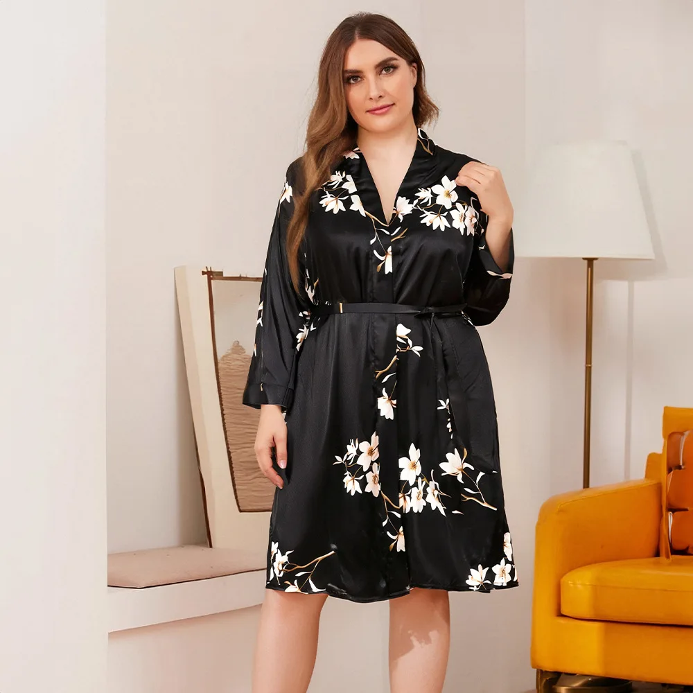 Black Plus Size 5XL Women Robe Dress Print Flower Kimono Bathrobe Gown Spring Satin Sleepwear Nightgown Casual Homewear