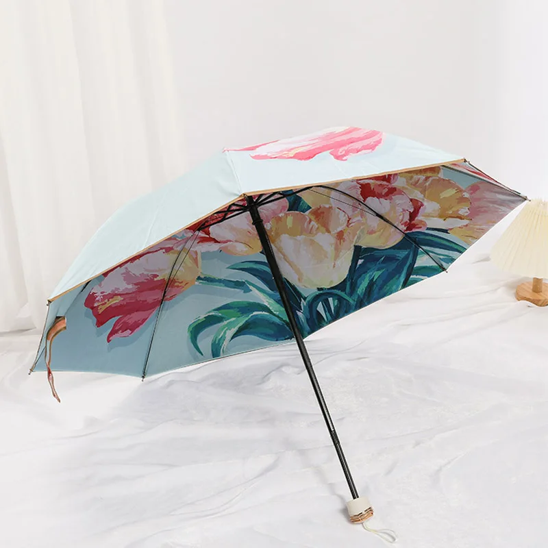 Double Layer Sunscreen Umbrella UV Protection Tri-fold Rain Thickened Umbrella Sun Shade Double-sided Floral Umbrella for Women