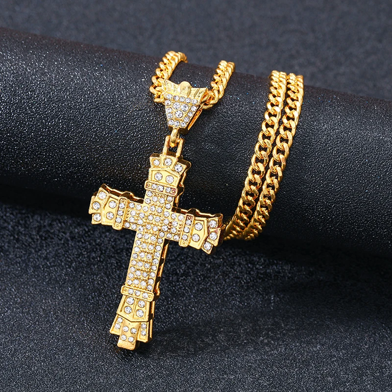 Hip Hop Cool Inlaid Zirconia Sparkling Cross Pendant Gold Color Necklace for Men Women Universal Punk Party Favor Jewelry