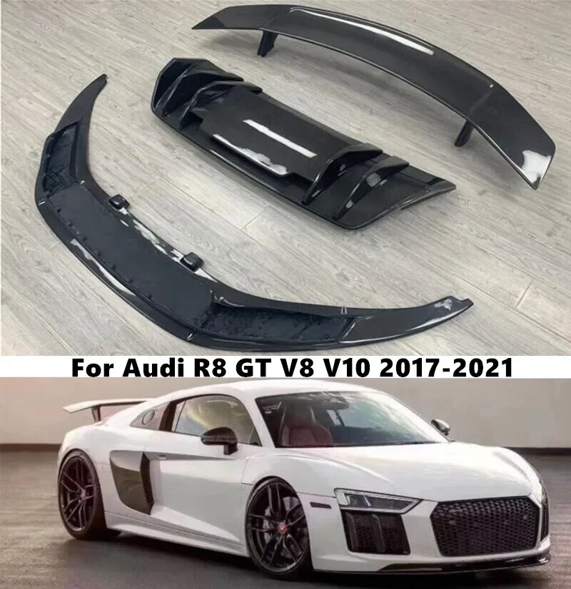 For Audi R8 V8 V10 GT 2016 2017 2018 2019 Real Carbon Fiber Front Bumper Lip Rear Diffuser Spoiler Trunk Side Skirt Body Kit