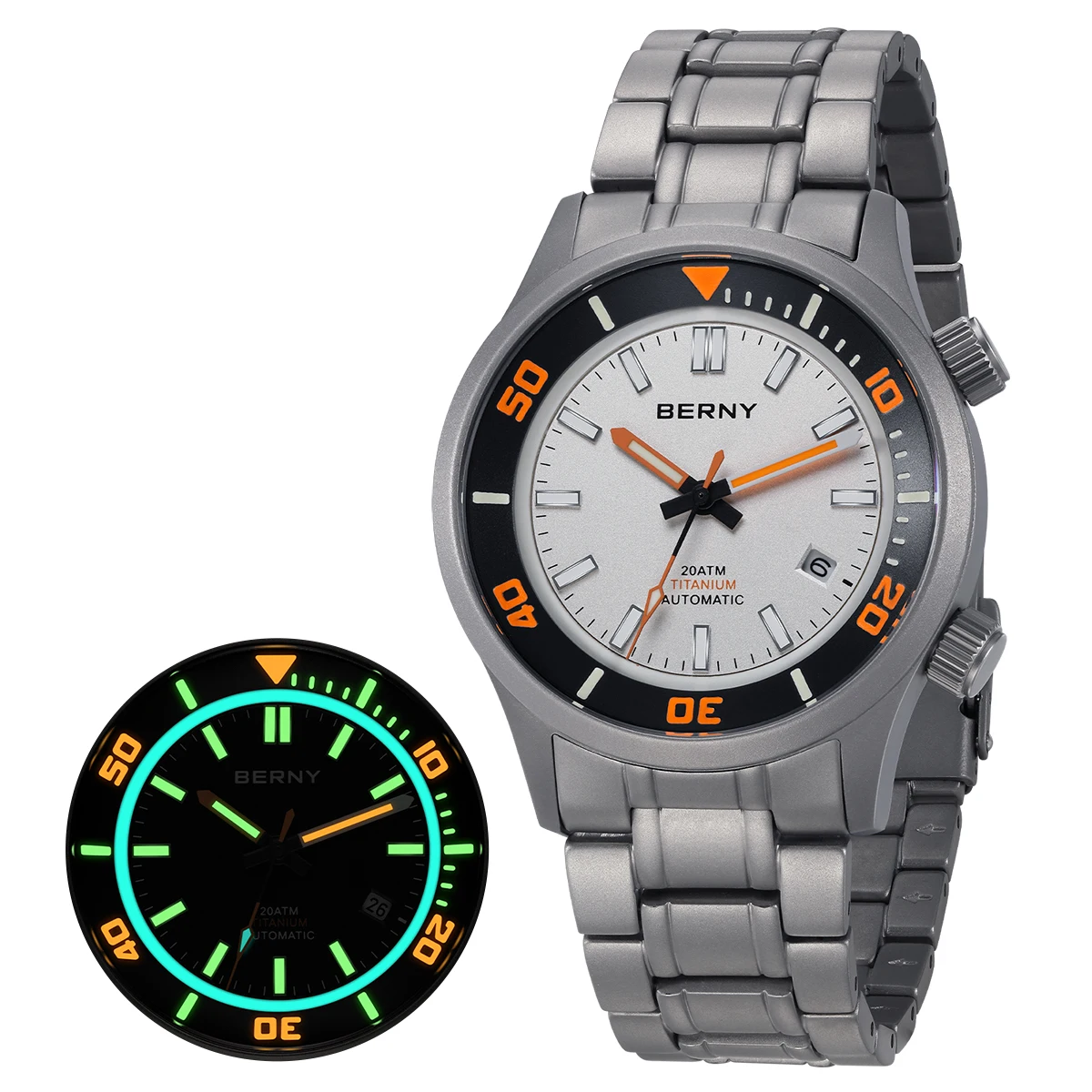 BERNY Automatic Full Titanium Diver Watch For Men Supper Luminous Sappire AR Coated Miyota 8215 20ATM Top Mechanical Diver Watch