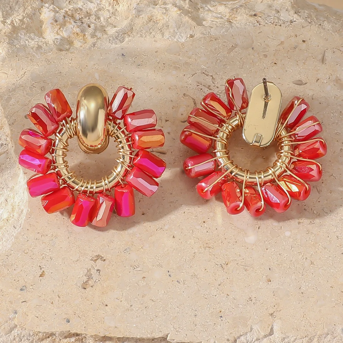 

Beaded earrings Roundness Hollow out Sunflower Bohemia Crystal Simple Hand knitting Alloy Fashion Female Rice bead earrings