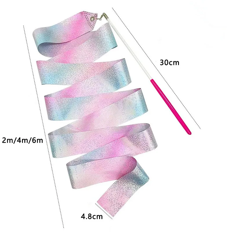 2M/4M Flashing Art Gymnastics Ballet Dance Ribbon with Twirling Stick Glitter Dance Ribbon Kid Sport Training Performance Toys