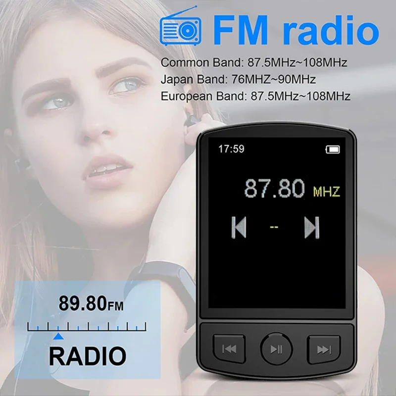 Sports MP3 Player Clip-on Mini Walkman HiFi Bluetooth Compatible 5.2 MP4 Music Player E-book/reading/FM Radio/voice/clock