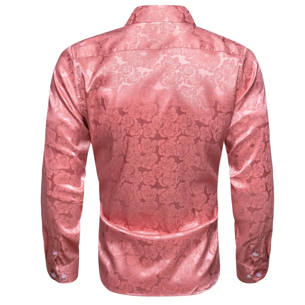 Luxury Silk Shirts for Men Pink Flower Long Sleeve Slim Fit Male Blouese Casual Tops Formal Streetwear Breathable Barry Wang