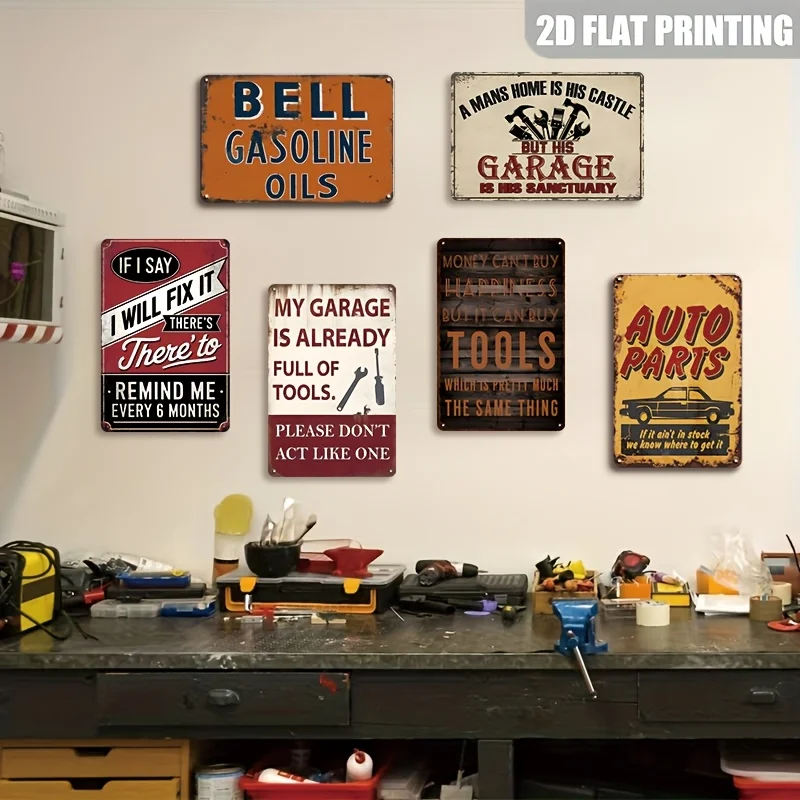 2D Flat, 6pcs Retro Gas Station Metal Signs Suitable for Shop, for Man Cave, Home, Bar & Workshop Wall Decor - Vintage Oil & Gas