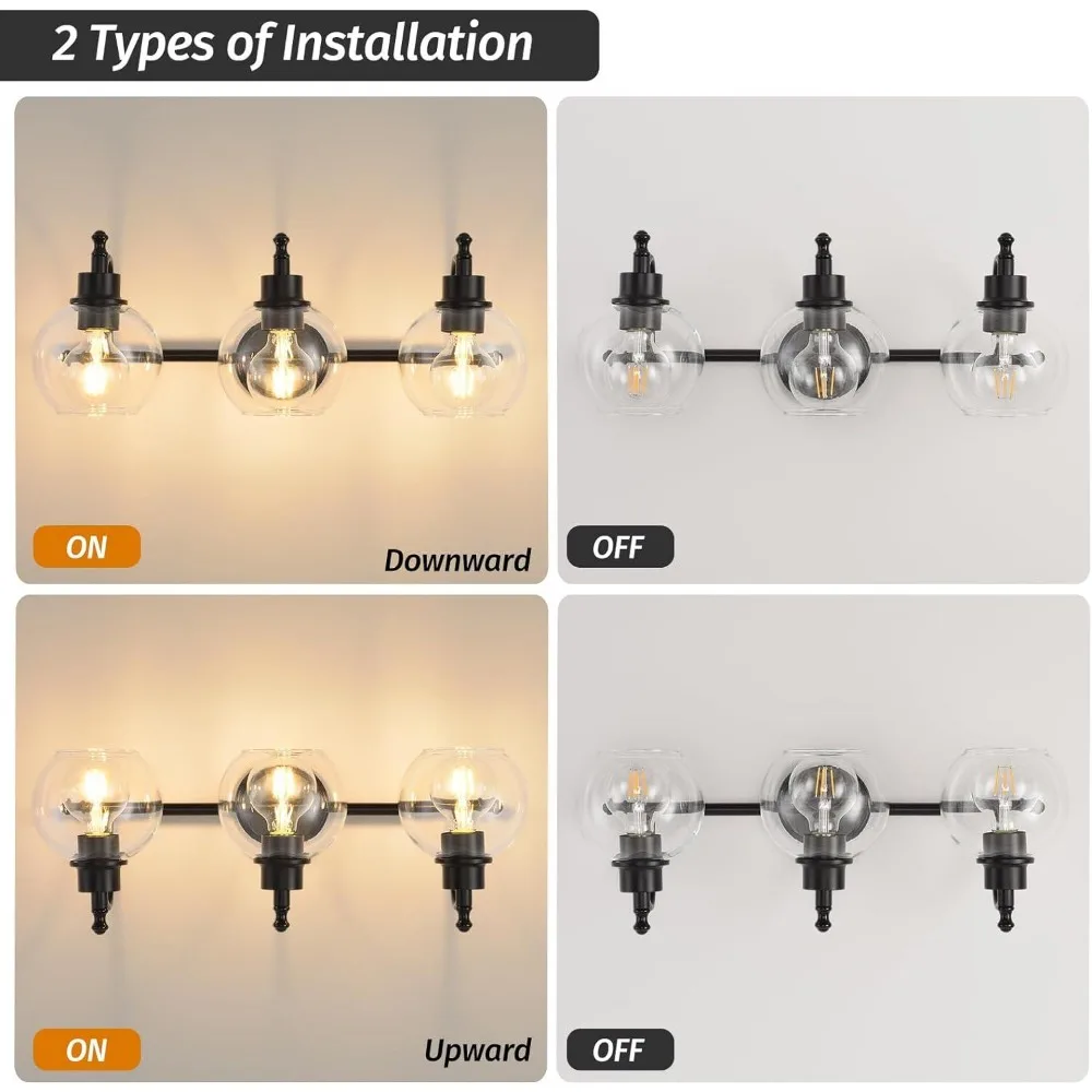 Luminária de vaidade de banheiro com 3 luzes, 22 espaços, dourada, moderna sobre espelho, sombra de vidro transparente para banheiro, bases e26