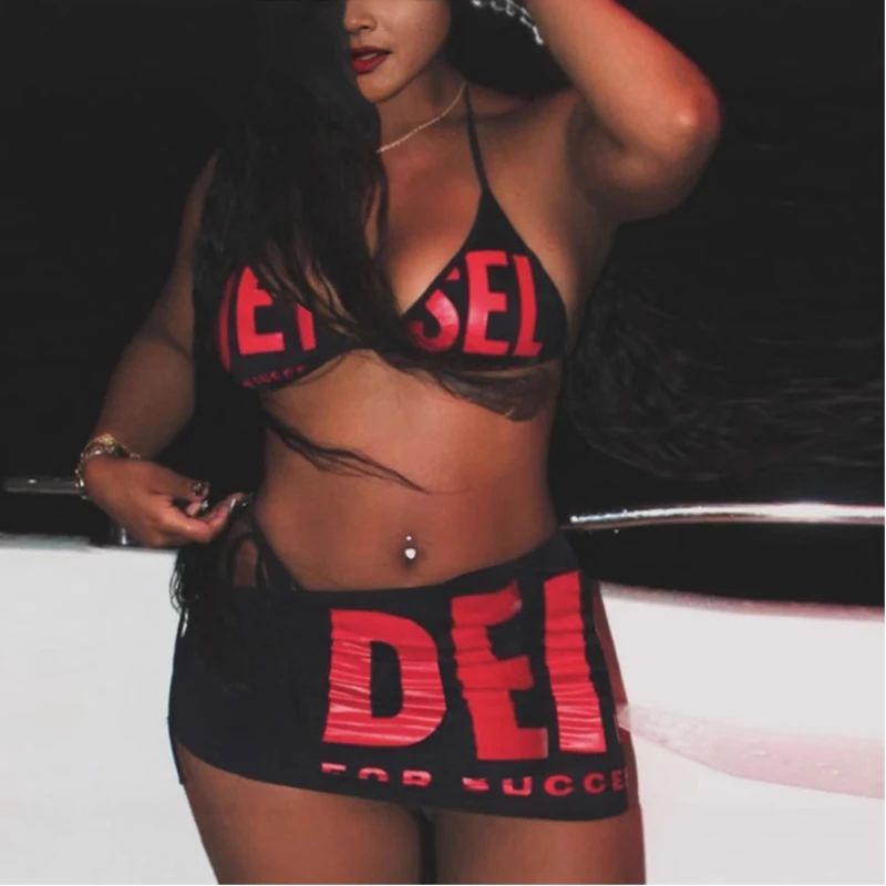 

Y2K Hot girl Sexy letter print vintage mini skirt fashion Retro style personality subculture emo High street Bodycon Bikini set
