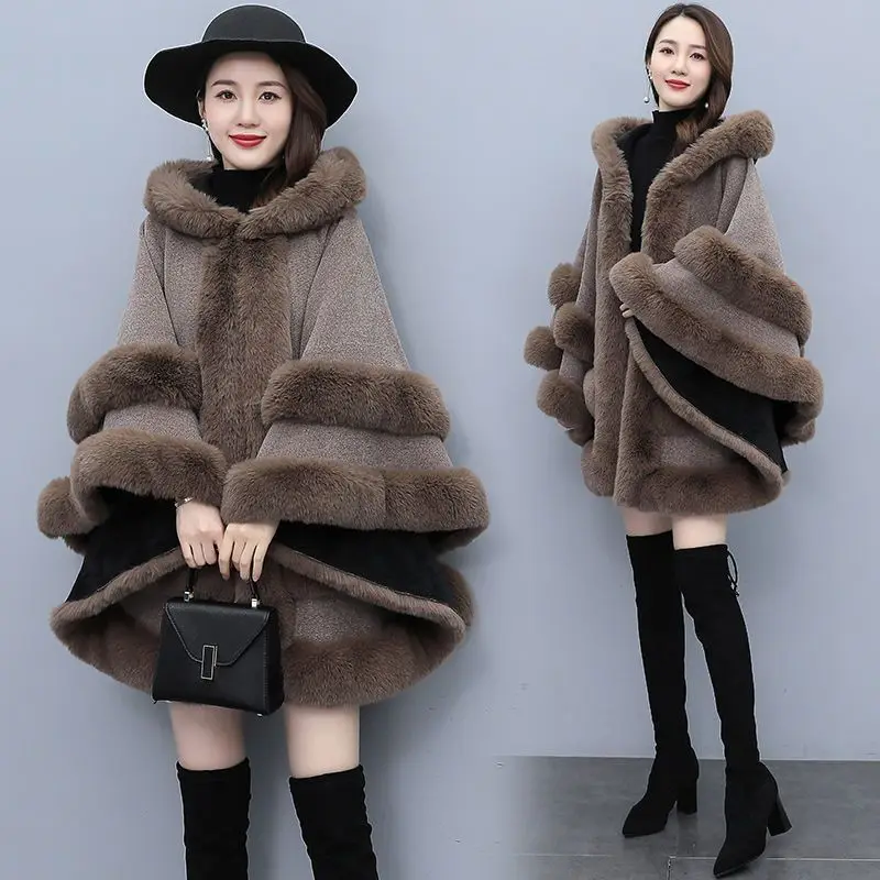 New Autumn Jacket Cloak Women Clothing Woolen Coat New Fashion Shawl Fur Collar Bright Line Decoration Poncho Winter T69