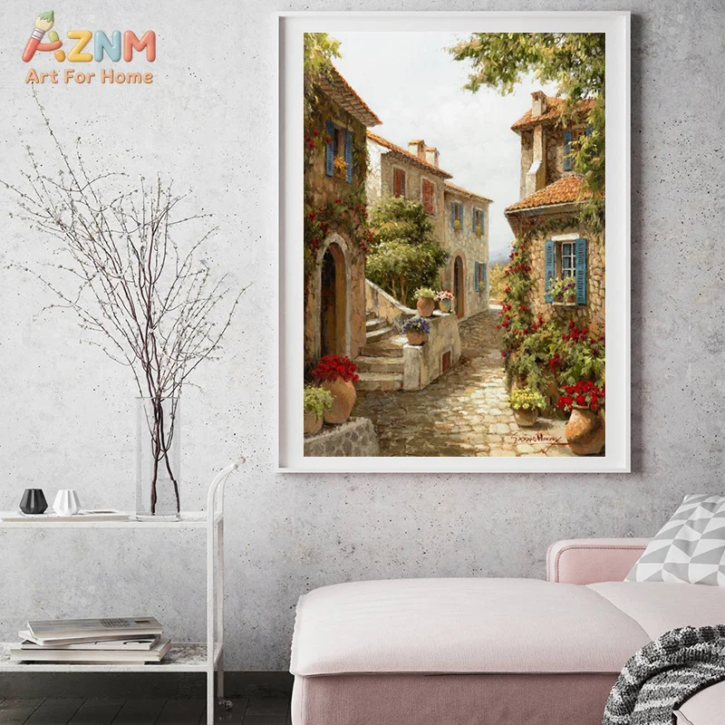 AZNM Vintage Mediterranean Town Street Canvas Wall Art, Rustic Italian Village Flower Alley Print Poster, Unframed Single Piece